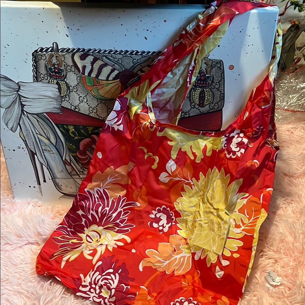 Lands' End Red and Yellow Nylon Floral Tote NWT
